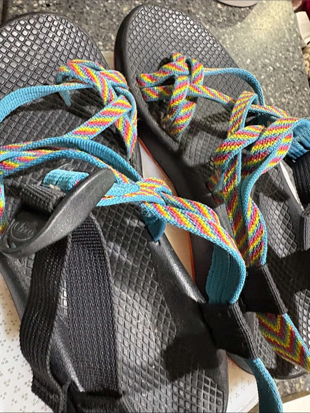 Chaco Women's Multicolor Rainbow Strap Black Sandals with Orange Trim